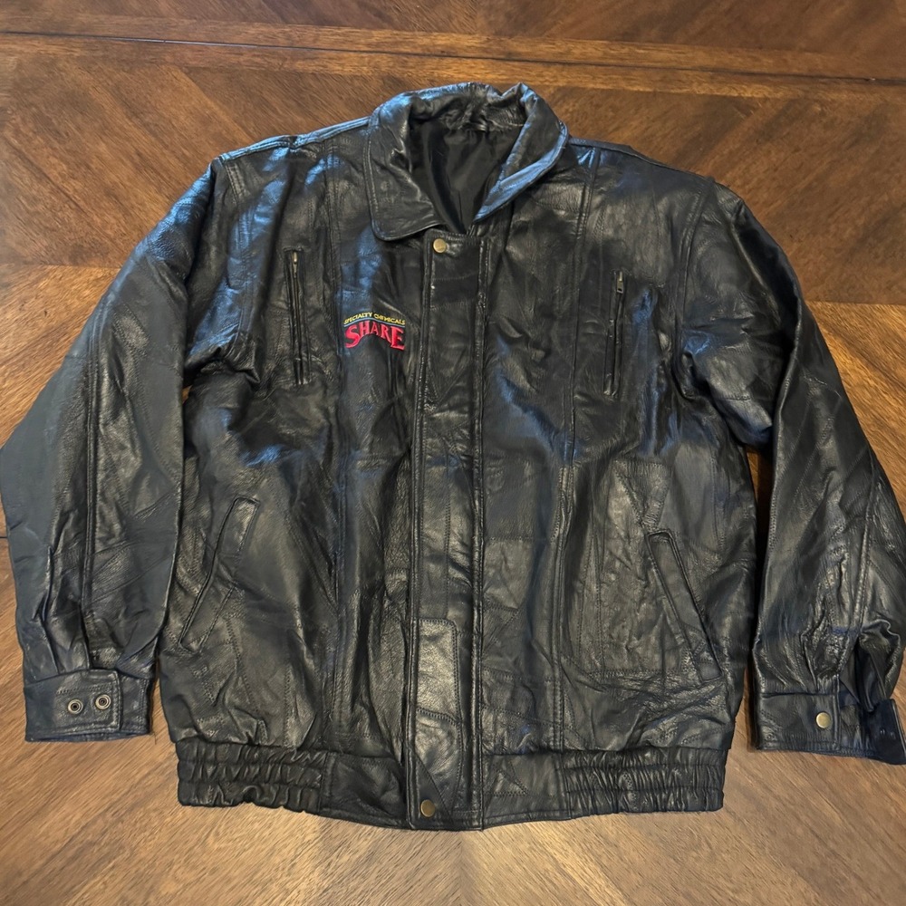 Vintage SHARE Specialty Black Patchwork Leather Bomber Jacket Mens XXL |V‎